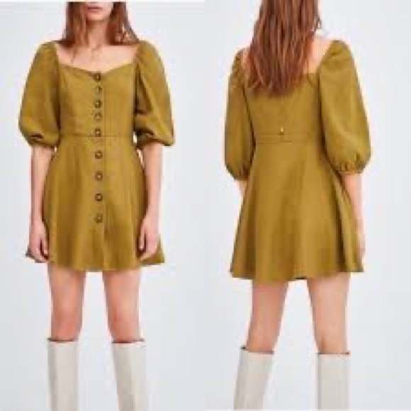 Zara Linen Mini Dress Puff Sleeves & Buttons - Picture 8 of 9